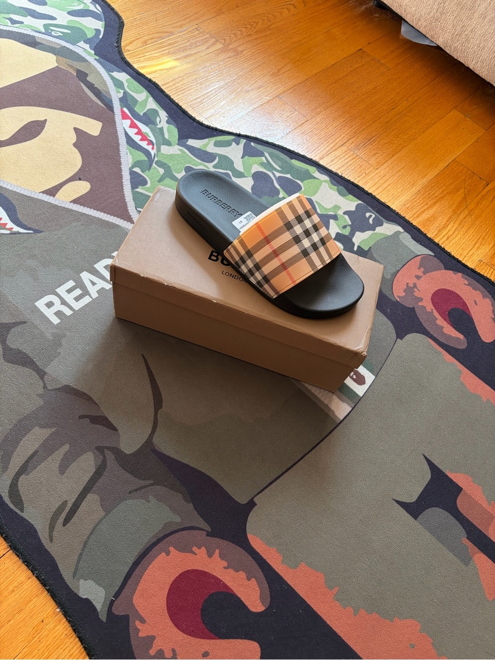 Burberry Black Slides with Beige Nova Check Strap